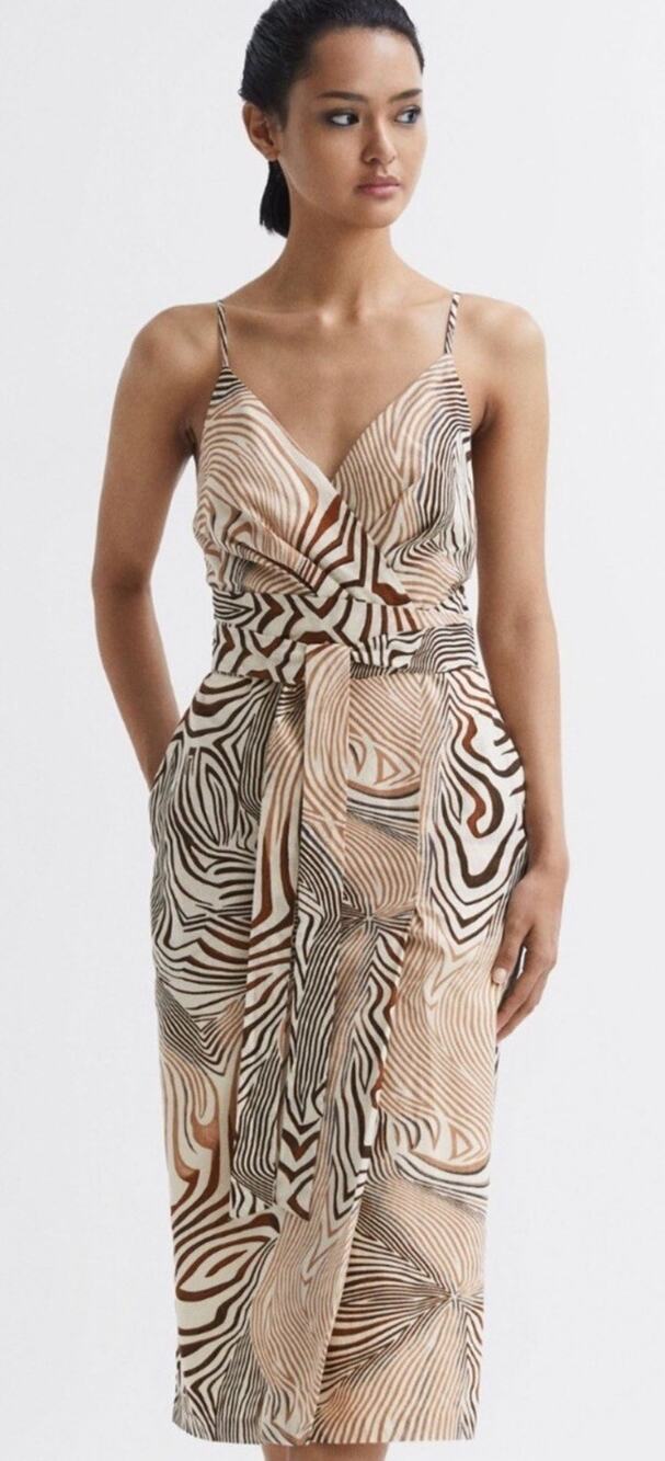 REISS Rosie Animal Print Belted Woven Midi Dress Brown Womens Size 12 NWT